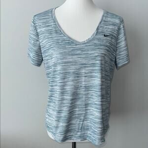 Nike Women's Dri Fit V-Neck Stripped Blue Athletic Short Sleeve Top Large